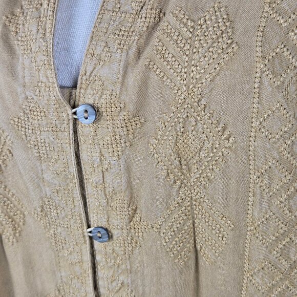 Soft Surroundings Sz Large River Valley Tan Embroidered Tunic Blouse Split Vneck - Picture 6 of 15